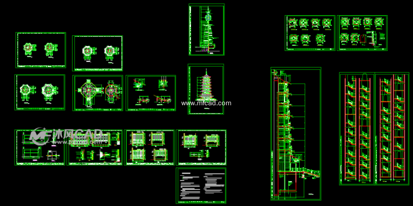 七层宝塔施工图 autocad园塔楼寺庙施工图下载 沐风图纸