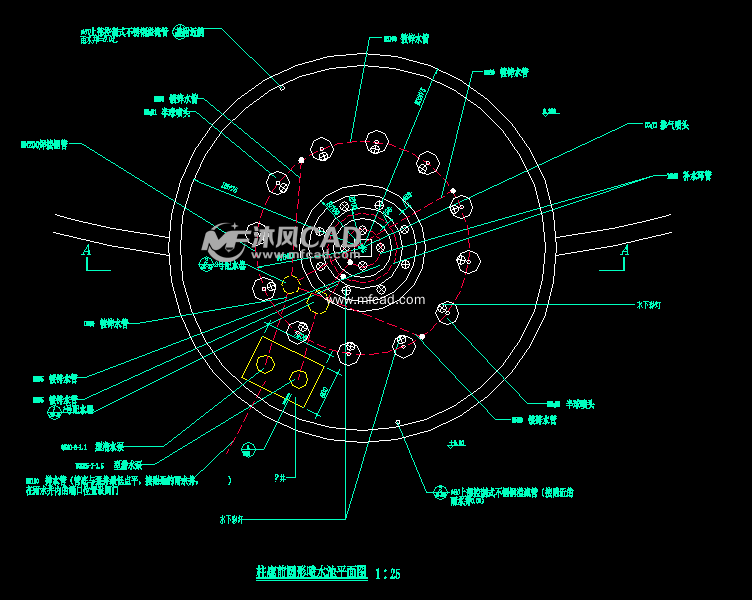 柱廊前圆形喷水池平面图