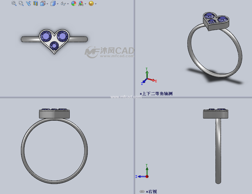 爱心钻石戒指设计模型三视图