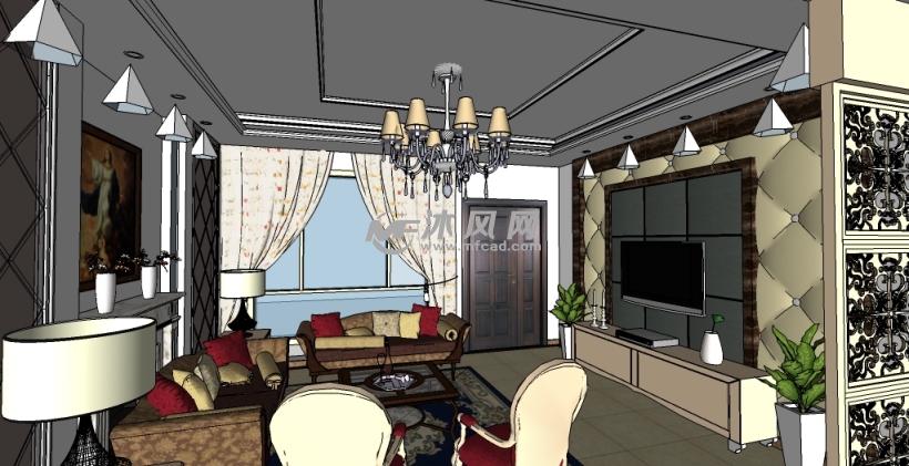 欧式风格客厅效果图模型 - sketchup完整室内场景模型 - 沐风图纸