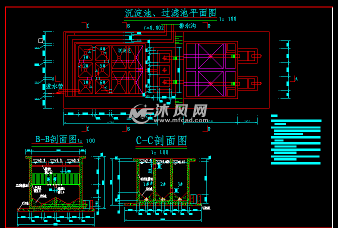 斜管式沉淀池,无阀滤池 平面剖面