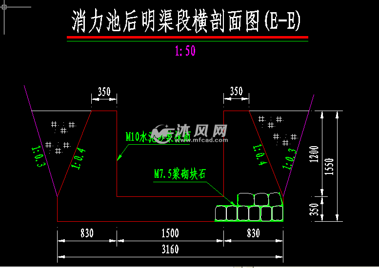 消力池后明渠段横剖面图(e-e)