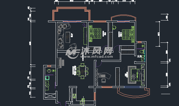 三室住宅室内装修cad施工工程图纸