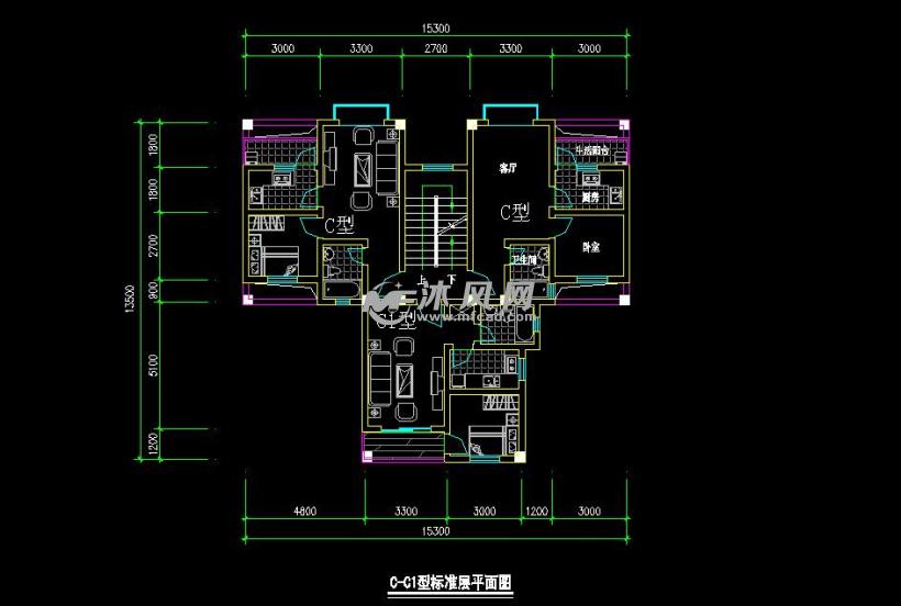 小型多层一梯三户标准层户型平面设计图纸