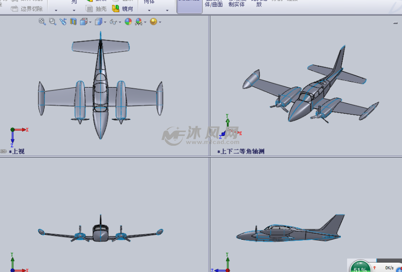 空中飞机的滑翔机绘制模型三视图