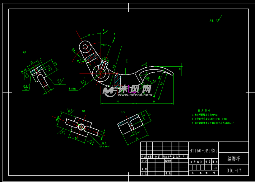 踏脚杆零件加工工艺及钻Φm6螺纹孔夹具设计全套cad图