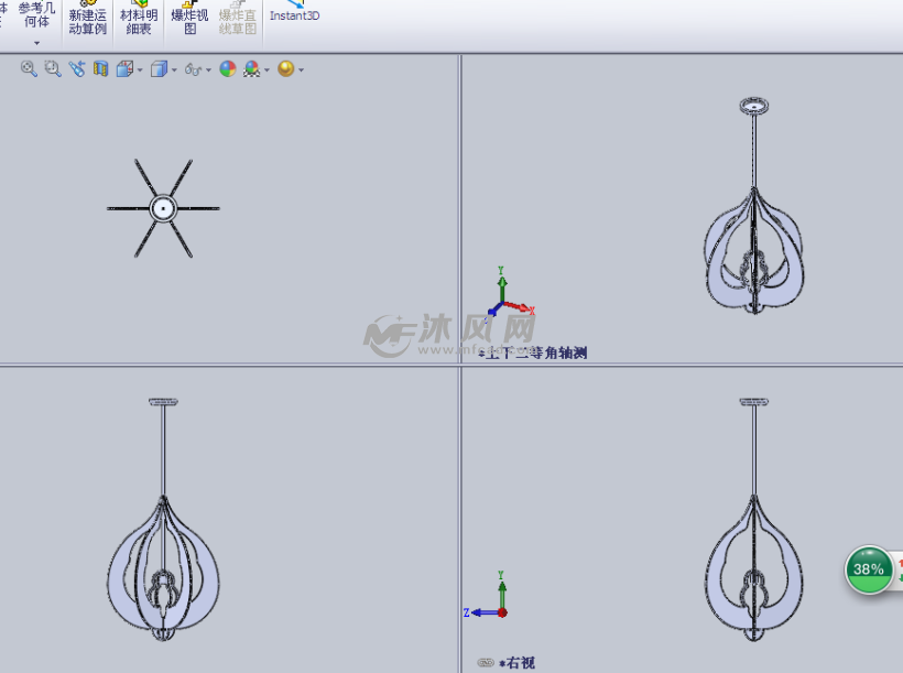 木质材料的仿古灯设计模型三视图
