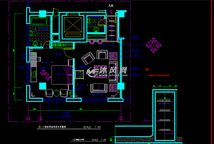 标准客房家私布置设计图 - cad酒店宾馆施工方