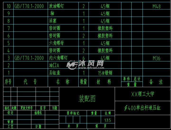 400单出杆液压缸装配图明细表及标题栏