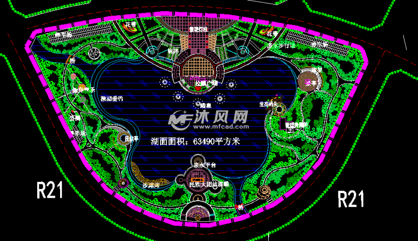 人工湖公园规划平面图 - AutoCAD滨河带绿化施