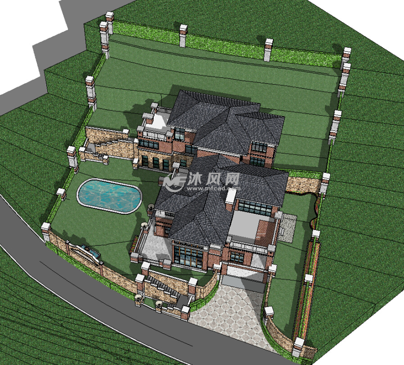 澳门山庄某山地坡屋顶别墅SU模型 - sketchup