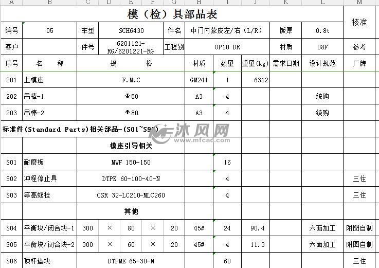 模具图纸 冲压模具图纸 汽车冲压模具  材料表