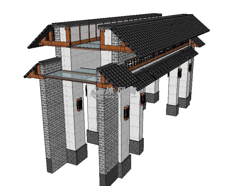 中式坡屋顶风格大门模型