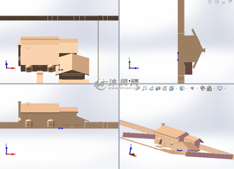 solidworks模型 园林建筑类农家院模型设计图三视图