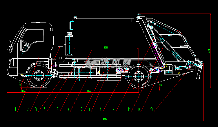 后装压缩式垃圾车总图 - autocad普通工程机械图纸