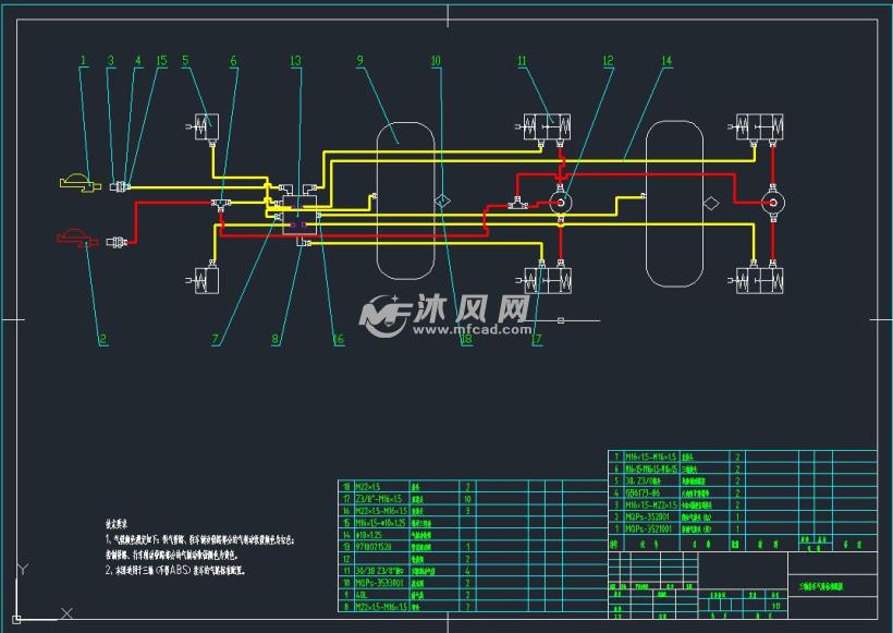 半挂车气路图 - autocad液压与气动图纸下载 - 沐风