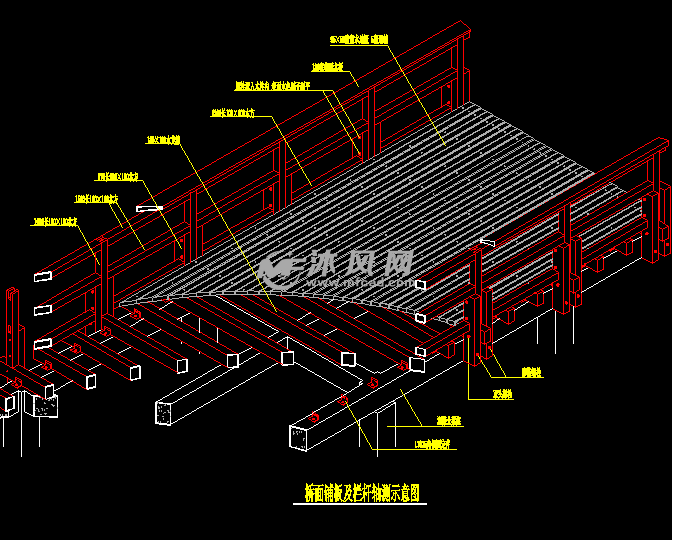 某电视木廊桥与木平桥设计施工图-cad廊、亭cad尺寸设计墙图纸公园背景图片