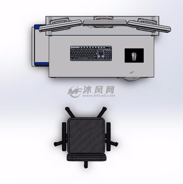 三屏电脑桌三维模型俯视图