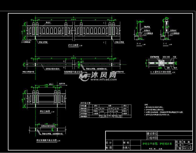 园林图纸 小品及配套设施施工图 栏杆景窗 护栏立面图及预留赶紧平面