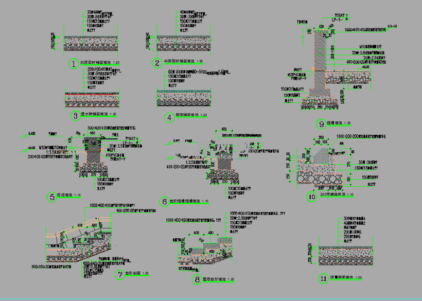 园路铺装台阶挡墙花坛等通用做法及隐形井盖详图