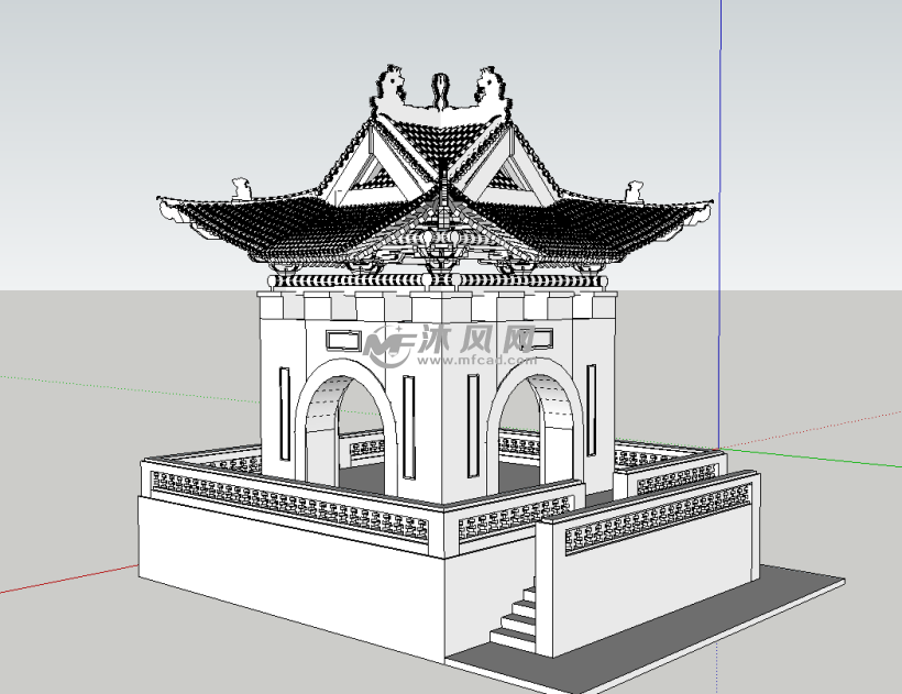 细节表现突出,建筑构造结构关系明确,有台阶上去到大平台钟楼,类似四