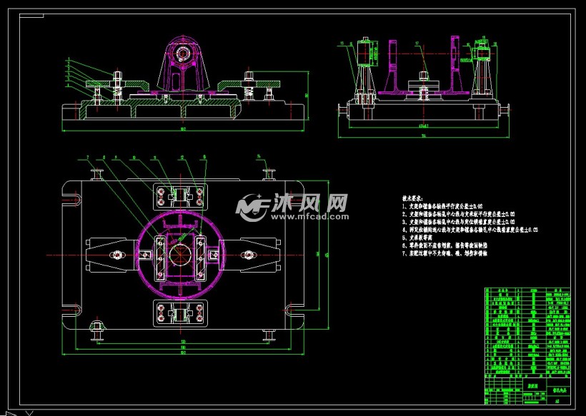 回转支架镗3孔夹具cad图装配图零件图 - 零部件模型