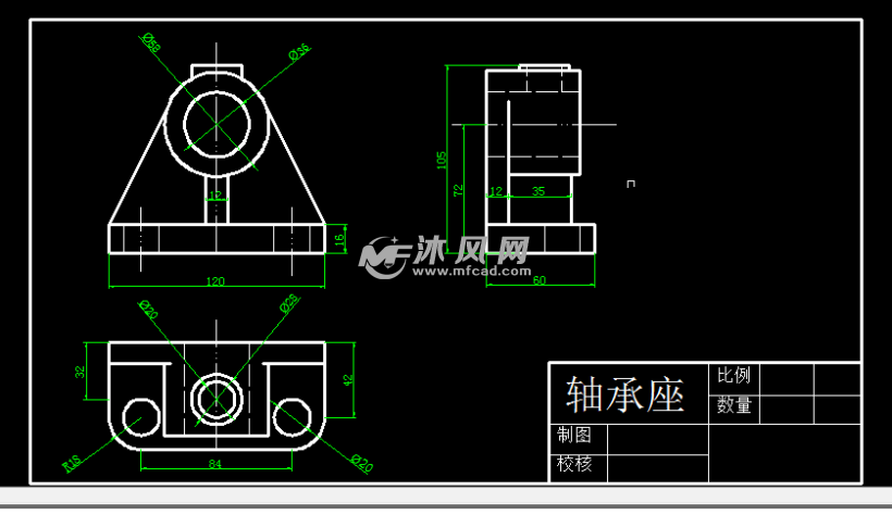 轴承座三视图 - 轴及轴承图纸 - 沐风网