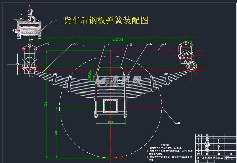 货车后钢板弹簧装配图