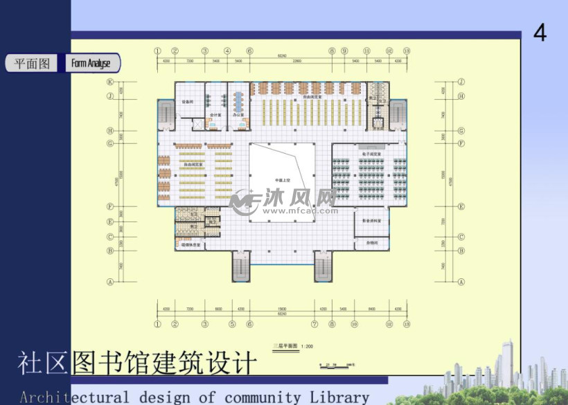 三层框架结构社区图书馆建筑设计含cad图及jpg彩色文本5947平