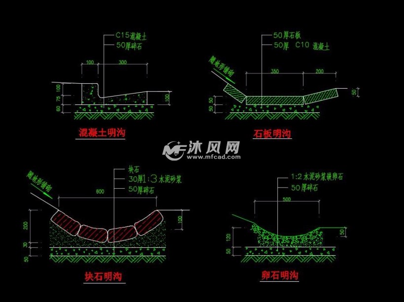 路边排水明沟四种做法施工图cad格式 - autocad结构图