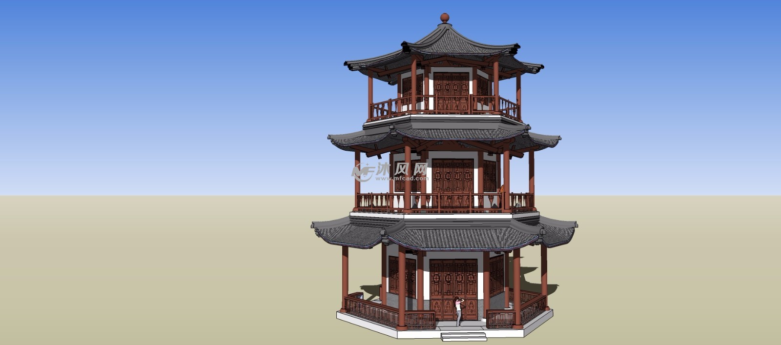 古建六角塔塔楼景观建筑模型 - sketchup中国古代建筑