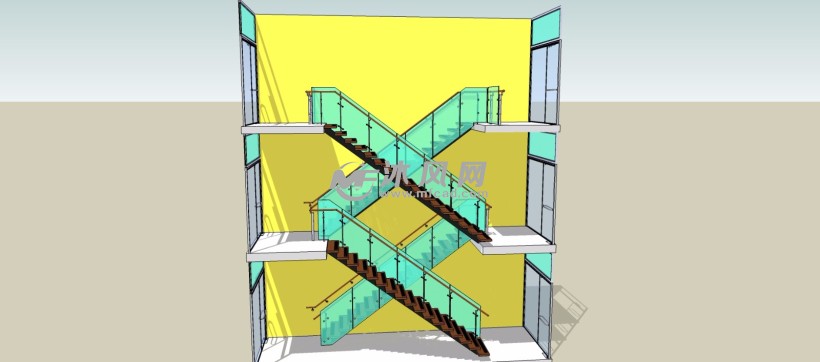 对开交叉式玻璃护栏楼梯景观建筑模型