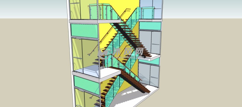 对开交叉式玻璃护栏楼梯景观建筑模型