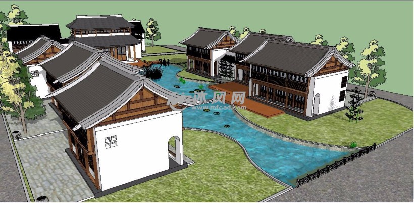 中式古典风格农家乐度假村山庄建筑su模型
