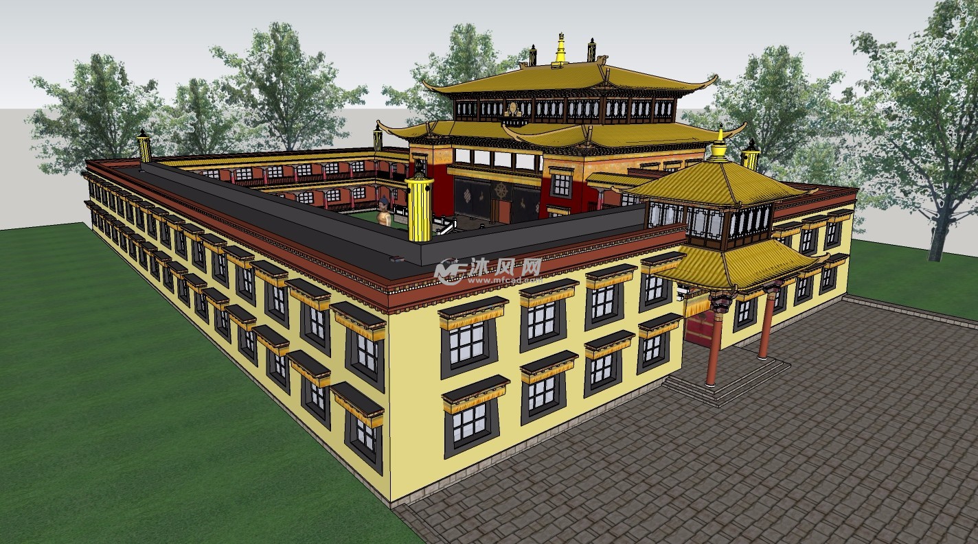 藏传佛教佛学院寺庙建筑模型 sketchup中国古代建筑模型下载 沐风