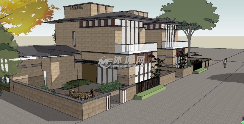 上海陆家嘴日本人社区新亚洲风格别墅建筑su模型