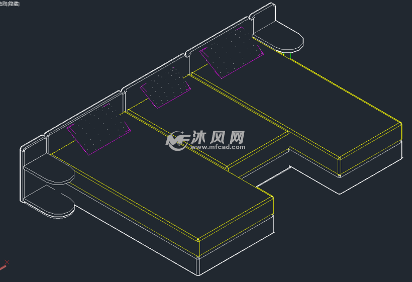 三人床cad立体图