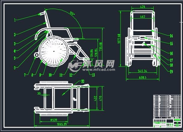 功能轮椅的cad图纸,通过手摇动升降把手可以控制轮椅高度,后背处设计