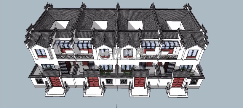 古典中式四户联排大别墅建筑su模型