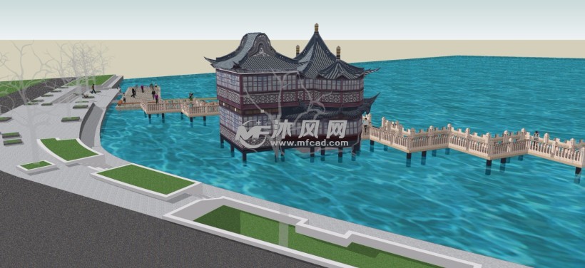 水上公园古塔楼廊桥模型 - sketchup中国古代建筑模型