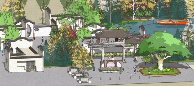超精细福州茶亭公园大门入口建筑模型