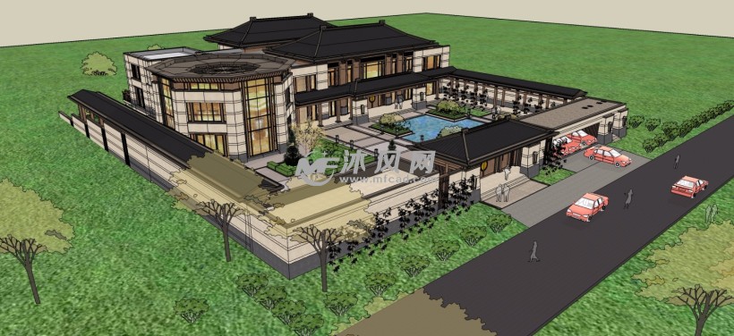 精细新中式豪华酒店会所模型