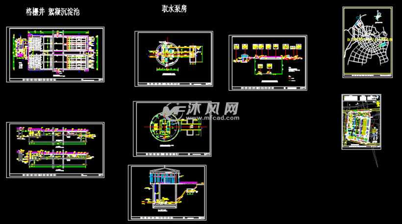 剖面图,取水泵房平面图,剖面图,工艺流程图,厂区平面布置图等