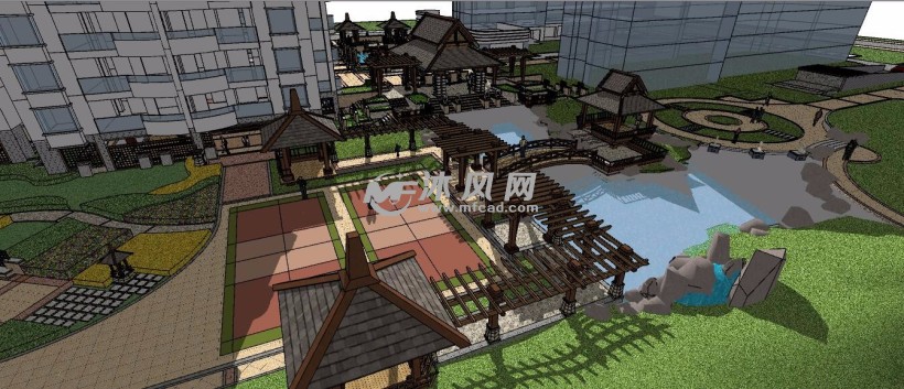 东南亚风格高档住宅小区宅间景观游园广场su模型图片