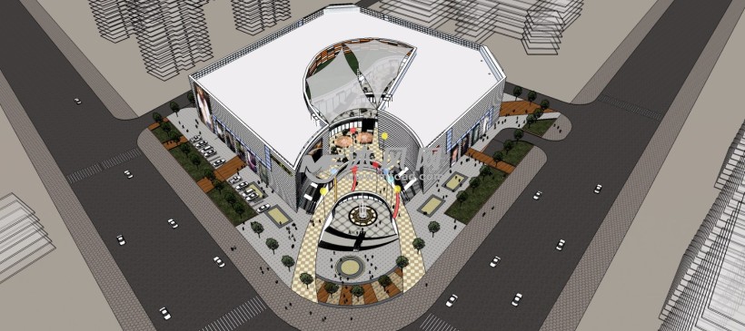 现代大型商业街购物广场俯视图