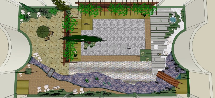 小桥廊架庭院花园三维模型
