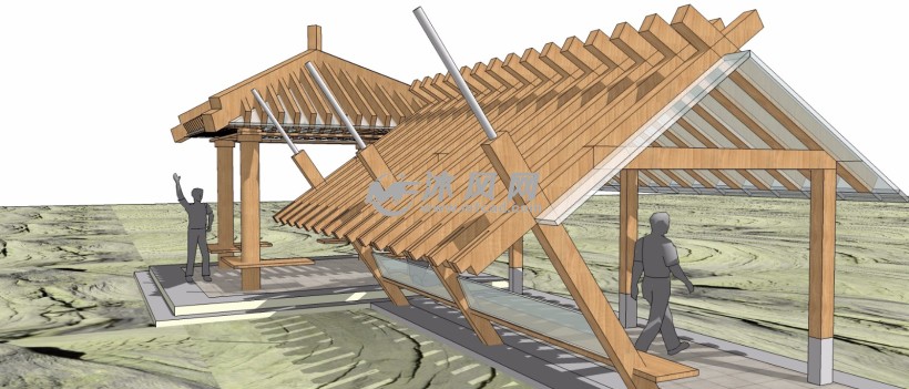 玻璃木结构廊架亭子三维模型 - 建筑模型图纸 - 沐风网