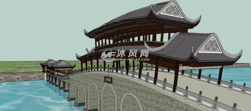 中式古建筑翠阳桥模型