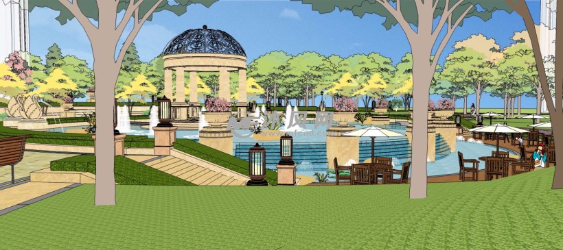 欧式风格公园广场中央喷泉凉亭景观三维模型