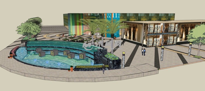 商业街广场喷泉配景设计三维模型